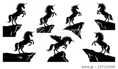 Black Solid Cliff Rearing Unicorn Silhouettes Set of Six on White Background 137132504