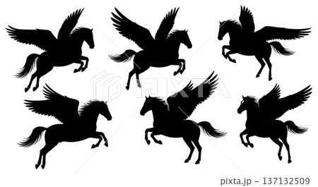 Black Solid Cloud Frolic Pegasus Silhouettes Set of Six on White Background Black Solid Cloud Frolic Pegasus Silhouettes Set of Six on White Background 137132509