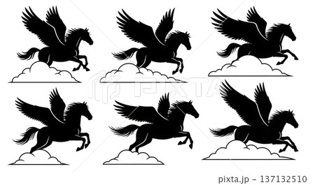 Black Solid Cloud Galloping Pegasus Silhouettes Set of Six on White Background Black Solid Cloud Galloping Pegasus Silhouettes Set of Six on White Background 137132510