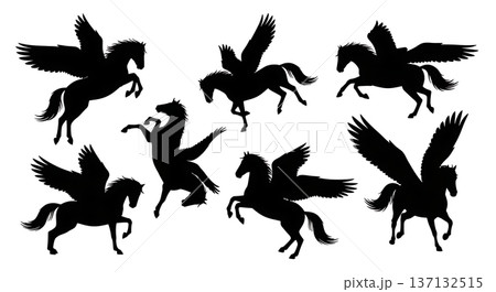 Black Solid Cloud Leaping Pegasus Silhouettes Set of Six on White Background Black Solid Cloud Leaping Pegasus Silhouettes Set of Six on White Background 137132515