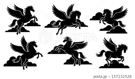Black Solid Cloud Play Pegasus Silhouettes Set of Six on White Background Black Solid Cloud Play Pegasus Silhouettes Set of Six on White Background 137132526