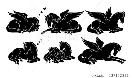 Black Solid Cloud Resting Pegasus Silhouettes Set of Six on White Background Black Solid Cloud Resting Pegasus Silhouettes Set of Six on White Background 137132531