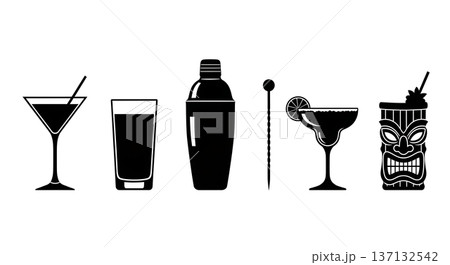 Black Solid Cocktail Bar Silhouettes Set of Six on White Background Black Solid Cocktail Bar Silhouettes Set of Six on White Background 137132542