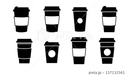 Black Solid Coffee Cup Silhouettes Set of Six on White Background Black Solid Coffee Cup Silhouettes Set of Six on White Background 137132561