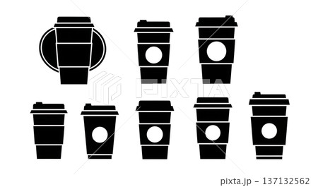 Black Solid Coffee Cup Silhouettes Set of Six on White Background 137132562