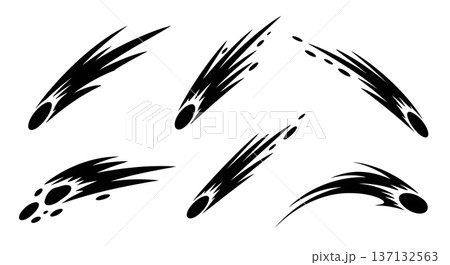 Black Solid Comet Tail Silhouettes Set of Six on White Background 137132563