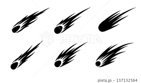 Black Solid Comet Tail Silhouettes Set of Six on White Background 137132564