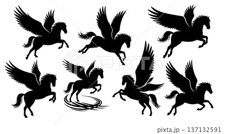 Black Solid Cosmic Flight Pegasus Silhouettes Set of Six on White Background Black Solid Cosmic Flight Pegasus Silhouettes Set of Six on White Background 137132591