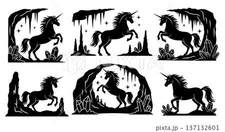 Black Solid Crystal Cave Unicorn Silhouettes Set of Six on White Background 137132601
