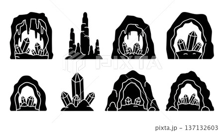 Black Solid Crystal Grotto Cave Silhouettes Set of Six on White Background 137132603