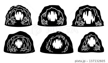 Black Solid Crystal Grotto Cave Silhouettes Set of Six on White Background 137132605