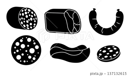 Black Solid Deli Meat Silhouettes Set of Six on White Background Black Solid Deli Meat Silhouettes Set of Six on White Background 137132615