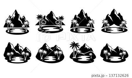 Black Solid Desert Oasis Mountain Pool Silhouettes Set of Six on White Background Black Solid Desert Oasis Mountain Pool Silhouettes Set of Six on White Background 137132626