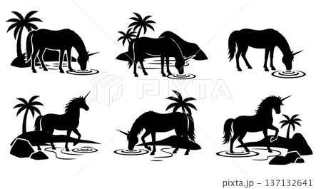 Black Solid Desert Spring Unicorn Silhouettes Set of Six on White Background Black Solid Desert Spring Unicorn Silhouettes Set of Six on White Background 137132641