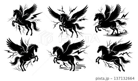 Black Solid Electrical Storm Pegasus Silhouettes Set of Six on White Background 137132664