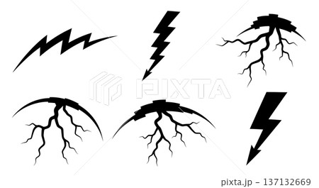 Black Solid Electricity Arc Silhouettes Set of Six on White Background Black Solid Electricity Arc Silhouettes Set of Six on White Background 137132669