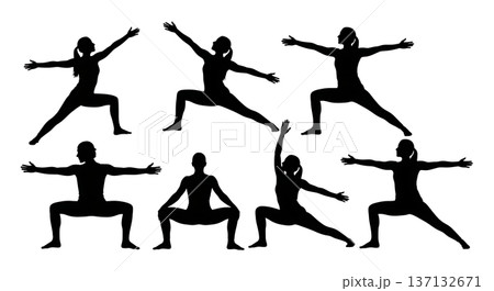 Black Solid Energy Awakening Flow Yoga Silhouettes Set of Six on White Background 137132671