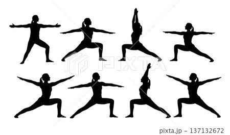 Black Solid Energy Awakening Flow Yoga Silhouettes Set of Six on White Background 137132672
