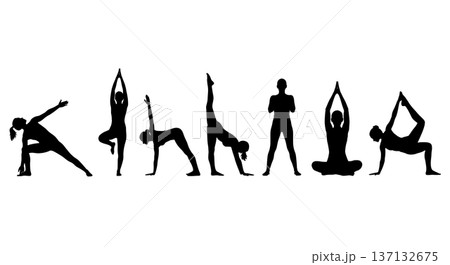 Black Solid Energy Awakening Salutation Silhouettes Set of Six on White Background 137132675