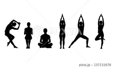 Black Solid Energy Awakening Salutation Silhouettes Set of Six on White Background 137132676