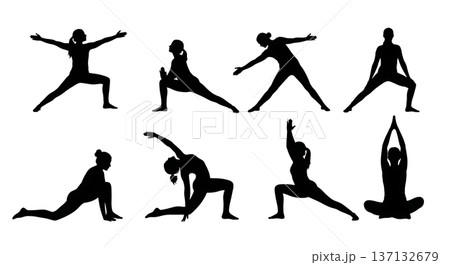 Black Solid Energy Flow Salutation Yoga Silhouettes Set of Six on White Background 137132679