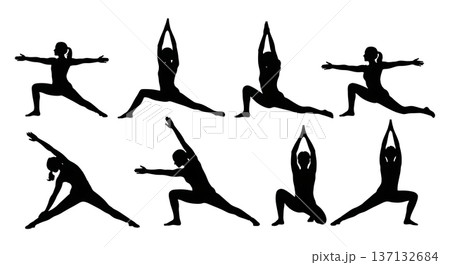 Black Solid Energy Flow Sunrise Yoga Silhouettes Set of Six on White Background 137132684