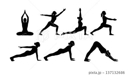 Black Solid Energy Flow Sunrise Yoga Silhouettes Set of Six on White Background 137132686