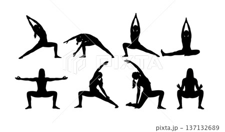 Black Solid Energy Flow Yoga Poses Silhouettes Set of Six on White Background 137132689