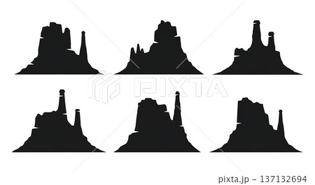 Black Solid Eroded Butte Stone Chimney Silhouettes Set of Six on White Background 137132694