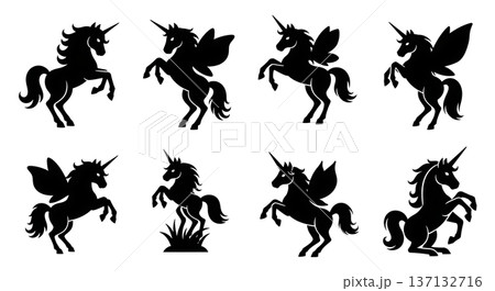 Black Solid Fairy Garden Unicorn Silhouettes Set of Six on White Background 137132716