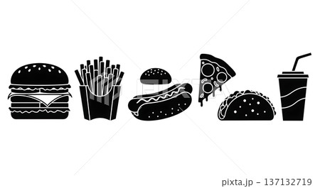 Black Solid Fast Food Silhouettes Set of Six on White Background Black Solid Fast Food Silhouettes Set of Six on White Background 137132719