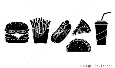 Black Solid Fast Food Silhouettes Set of Six on White Background Black Solid Fast Food Silhouettes Set of Six on White Background 137132721