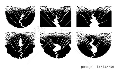 Black Solid Fjord Glacial Valley Silhouettes Set of Six on White Background Black Solid Fjord Glacial Valley Silhouettes Set of Six on White Background 137132736