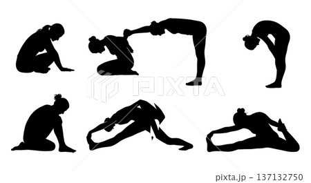 Black Solid Flexibility Stretch Yoga Silhouettes Set of Six on White Background Black Solid Flexibility Stretch Yoga Silhouettes Set of Six on White Background 137132750