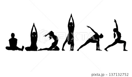 Black Solid Flexibility Stretch Yoga Poses Silhouettes Set of Six on White Background 137132752