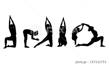 Black Solid Flexibility Stretch Yoga Poses Silhouettes Set of Six on White Background 137132753