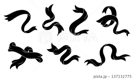 Black Solid Flowing Silk Ribbon Silhouettes Set of Six on White Background Black Solid Flowing Silk Ribbon Silhouettes Set of Six on White Background 137132775