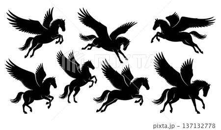 Black Solid Flying Pegasus Silhouettes Set of Six on White Background 137132778