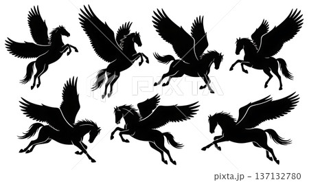 Black Solid Flying Pegasus Silhouettes Set of Six on White Background Black Solid Flying Pegasus Silhouettes Set of Six on White Background 137132780