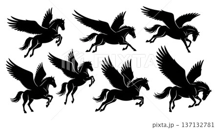 Black Solid Flying Pegasus Silhouettes Set of Six on White Background 137132781