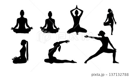 Black Solid Focus Clarity Zen Yoga Silhouettes Set of Six on White Background 137132788