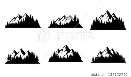 Black Solid Forested Mountain Ridge Silhouettes Set of Six on White Background 137132792