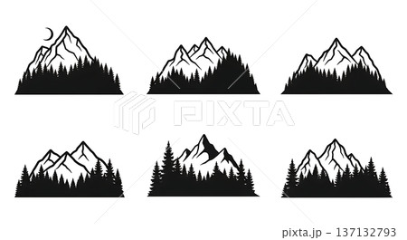 Black Solid Forested Mountain Ridge Silhouettes Set of Six on White Background 137132793