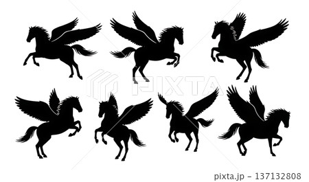 Black Solid Formation Landing Pegasus Silhouettes Set of Six on White Background 137132808