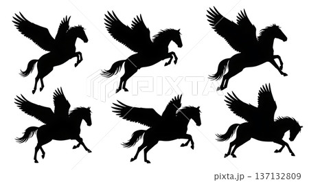 Black Solid Formation Takeoff Pegasus Silhouettes Set of Six on White Background 137132809