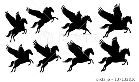 Black Solid Formation Takeoff Pegasus Silhouettes Set of Six on White Background Black Solid Formation Takeoff Pegasus Silhouettes Set of Six on White Background 137132810