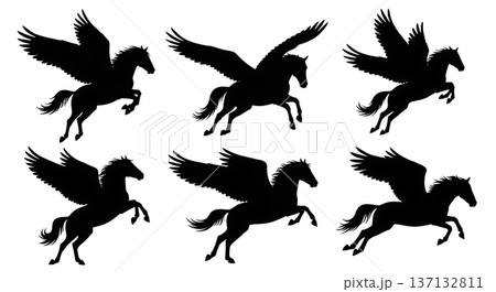 Black Solid Formation Takeoff Pegasus Silhouettes Set of Six on White Background Black Solid Formation Takeoff Pegasus Silhouettes Set of Six on White Background 137132811