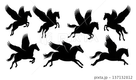 Black Solid Formation Takeoff Pegasus Silhouettes Set of Six on White Background Black Solid Formation Takeoff Pegasus Silhouettes Set of Six on White Background 137132812
