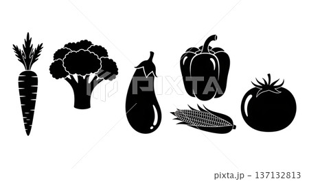 Black Solid Garden Vegetable Silhouettes Set of Six on White Background 137132813