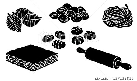 Black Solid Pasta Making Silhouettes Set of Six on White Background 137132819